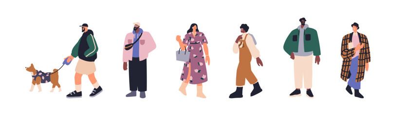 Modern young people walking outdoors. Fashion urban-style characters, trendy men and women with dog, bags, in stylish outfits on city street. Flat vector illustration isolated on white background