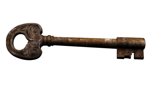 Ornate Antique Iron Skeleton Key, Detailed Texture, Cut Out Transparent