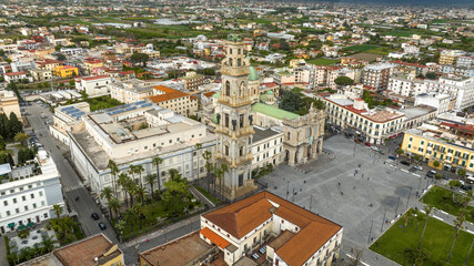 Aerial view of the Pontifical Shrine of the Blessed Virgin of the Rosary of Pompeii. It is a...