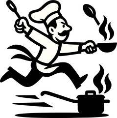 Cartoon Chef Dashes With A Pan And Spoon Near A Cooking Pot In High Contrast Style