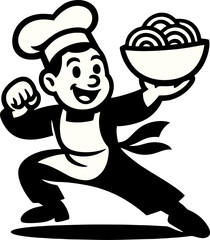 Happy Chef Proudly Presents A Bowl Of Steaming Pasta In Retro Cartoon Style Illustration