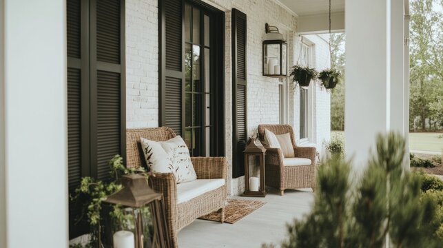 Wicker porch furniture set white brick wall outdoor scene