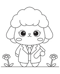 Coloring book  cute lamb in a lab coat, holding a scroll among the flowers.