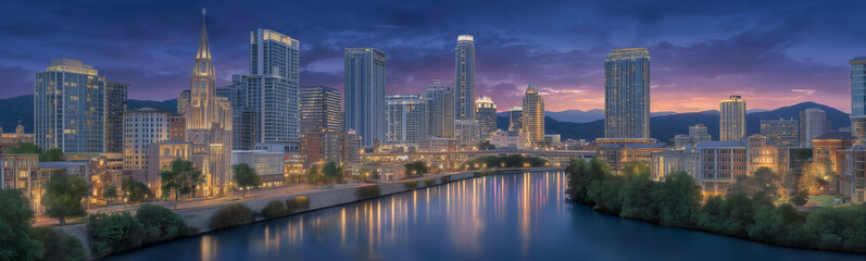 Cityscape at Dusk: A stunning panoramic view of a modern city skyline reflected in a calm river at dusk.