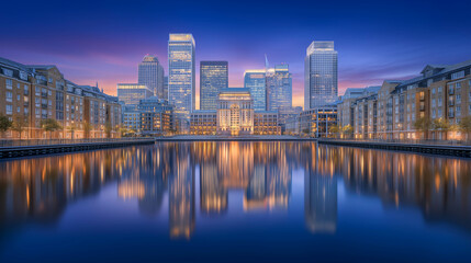 Naklejka premium Canary Wharf Skyline at Twilight: A picturesque urban panorama showcases the majestic cityscape of Canary Wharf during twilight, with the calm water reflecting the illuminated architecture.