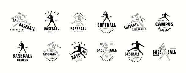Labels set of baseball and softball game with silhouettes of players batter and pitcher. Thin line and silhouette style graphic design for t-shirt. Black print on white background