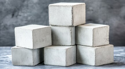 Stack of light gray concrete cubes, arranged in a pyramid shape