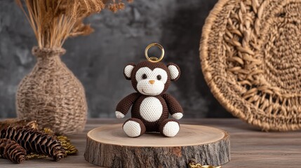 Fototapeta premium Adorable crocheted monkey keychain on wooden slice