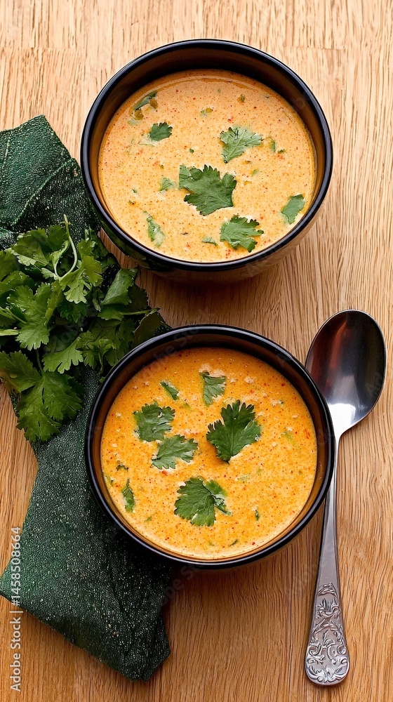 Poster two elegant bowls of soup accompanied by a spoon set on a table ready for tasting and enjoyment