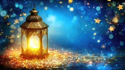 Glowing Ramadan lantern with crescent moon inside, on sparkling surface against a blue night sky with stars and bokeh.
