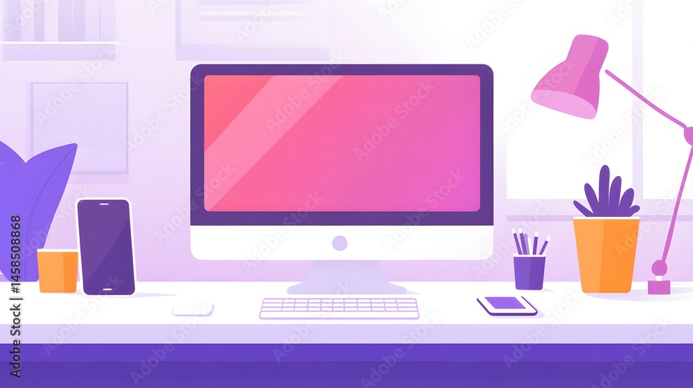 Poster modern workspace desktop scene with computer and supplies.