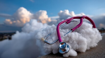 Stethoscope and medical foam cloud on rooftop with sky and clouds in the background during sunset