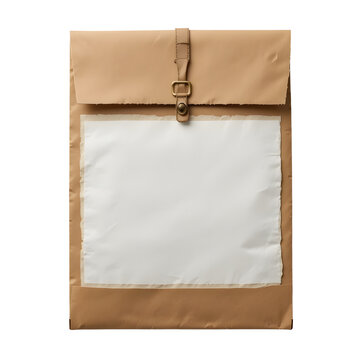 Document envelope brown or white with clasp or string closure, paper texture visible isolated on white.
