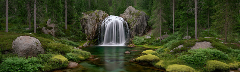 Fototapeta premium Hidden Waterfall Serenity: A hidden waterfall cascades gracefully over moss-covered rocks, creating a serene and tranquil oasis in a lush green forest.
