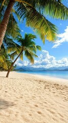 Obraz premium A lush beach scene with tall palm trees framed by the clear blue sky and inviting ocean waters