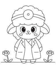 Coloring book lamb dressed as a doctor with a head mirror and coat among the flowers
