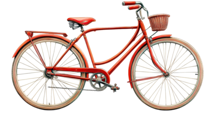 Red Vintage Bicycle With Wicker Basket, Cut Out Transparent