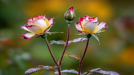 Obraz premium Delicate Rose Flowers with Raindrops on Petals in Garden Setting