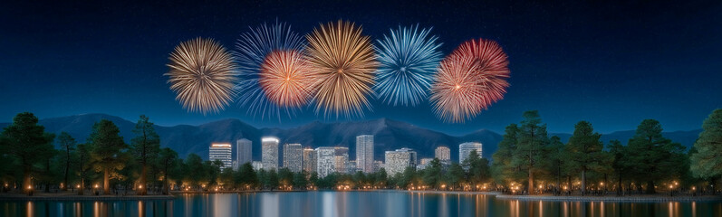 Fototapeta premium Nighttime Celebration over City: A spectacular display of fireworks illuminates the night sky over a city skyline, creating a vibrant spectacle against the backdrop of towering buildings.