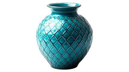 Turquoise ceramic vase with diamond pattern, isolated, cut out transparent