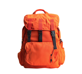 Vibrant orange backpack perfect for outdoor adventures and daily use on a transparent background, cut out