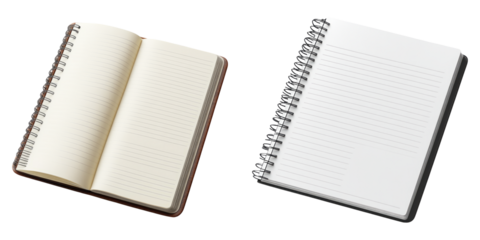 Open spiral notebook with blank pages isolated on transparent PNG image perfect for journal cover designs or note-taking ads