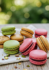 Obraz premium Colorful macarons arranged on a white cloth, a delicious dessert