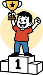 A Cheerful Boy Proudly Displays His Golden Trophy Atop A Winners Podium With A Big Smile