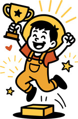 A Happy Child Jumps For Joy Holding A Trophy Overhead Celebrating Achievement And Success