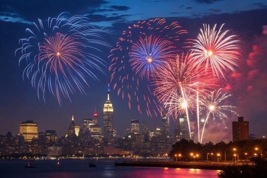 Colorful fireworks over the night cityscape in honor of US Independence Day (July 4). High quality photo