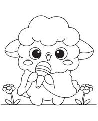 Coloring book lamb holding a microphone among the flowers. 