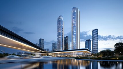 Obraz premium Modern skyscrapers reflecting in water at dusk, showcasing sleek architecture.