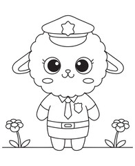 Coloring book lamb dressed as a police officer with a hat and badge among the flowers