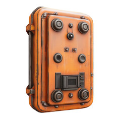 Orange weathered control panel with various buttons and a small screen showing futuristic technology