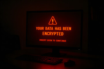 Dark room with computer screen showing ransomware warning: "Your data has been encrypted." Cybersecurity threat concept of data breach, encryption attack, and digital extortion.
