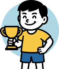 Smiling Boy Proudly Displays A Golden Trophy In A Cheerful Cartoon Style Illustration