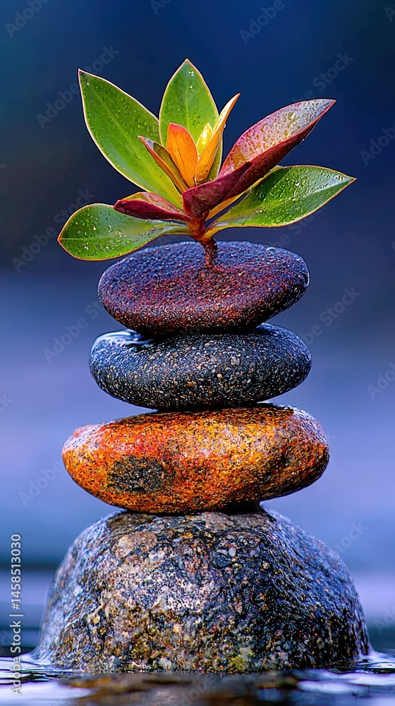 Poster a stack of smooth rocks balanced on top of each other with a single leaf resting on top outdoors