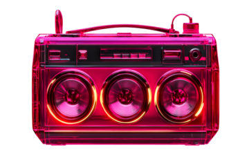 Boombox radio with pink and yellow neon glow, cut out transparent