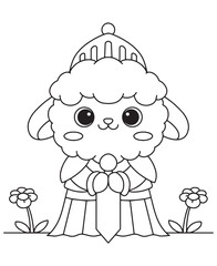 Coloring book cute lamb dressed as a knight in armor holding a sword 