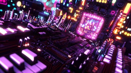 Obraz premium Intricate digital city glowing with neon light.