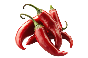 Fresh red chili peppers tied with string, isolated on a white transparent background. Spicy food and cooking ingredient concept