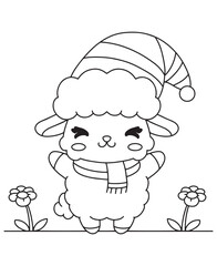 Coloring book  lamb wearing a striped winter hat and scarf among the flowers.
