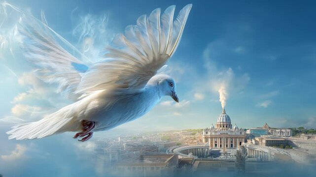 Pure white dove spreads its wings in flight above Vatican as white smoke rises, symbolizing blessing of newly elected Pope. Heavenly atmosphere of faith, sacred message of dove divine sign of blessing