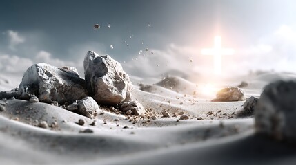 Abstract studio light on white powder texture with sculptural stone cube bright neutral tone and minimal background