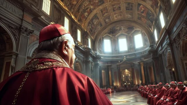 Solemn cardinal in crimson robes stands inside opulent cathedral, participating in election of next Pope. Ornate surroundings and ceremonial posture, tradition of cardinal in historic religious moment