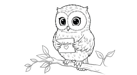 Fototapeta premium Charming Baby Owl Delivering Valentine Greeting Coloring Illustration