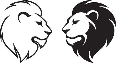 Two stylized lion head profiles, black and white, for logo design or graphic use.