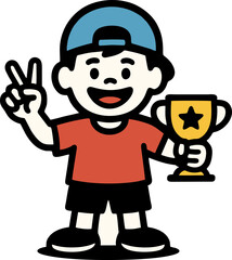 Cheerful Boy Celebrates Victory Holding A Trophy With A Peace Sign Radiates Joyful Cartoon Style