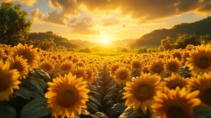 Fototapeta premium Sunflowers field at golden sunset