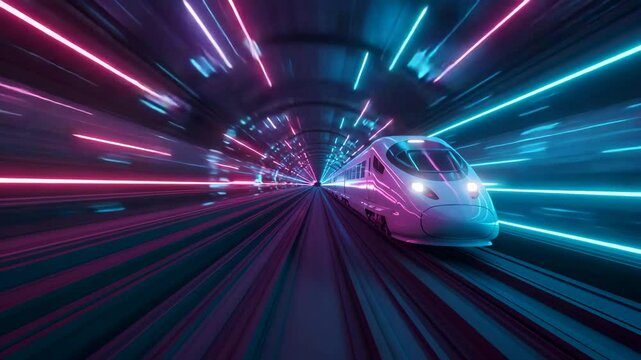 High speed train in neon lit tunnel modern transportation and technology concept